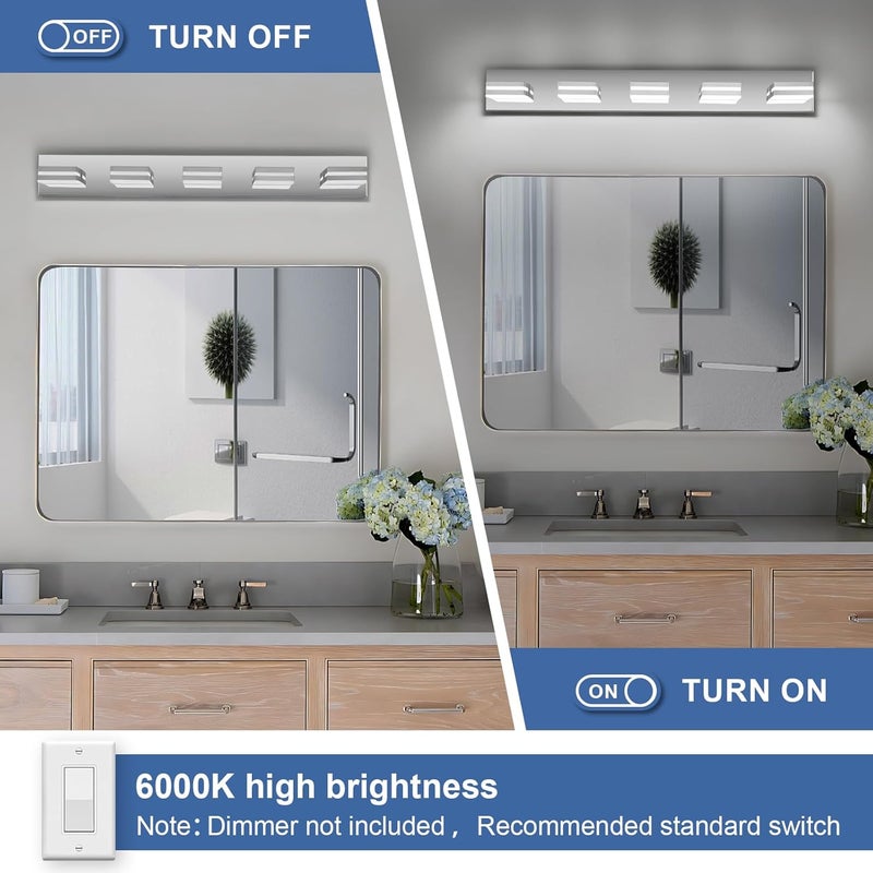 JZEKVN Modern LED Bathroom Lights Fixtures(5-Light),Stainless Steel Chrome Acrylic Wall Lighting,Vanity Lights for Bathroom Over Mirror(6000k 34in) - Image 4